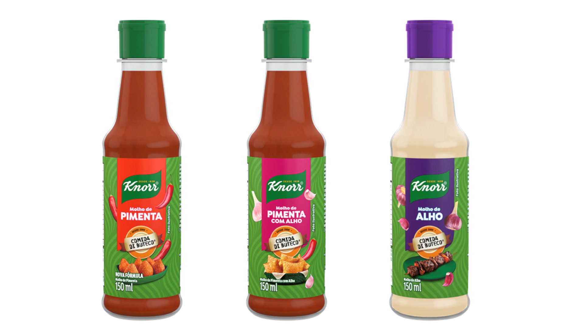 Três molhos Knorr em garrafa: chili, chili com alho, e alho.