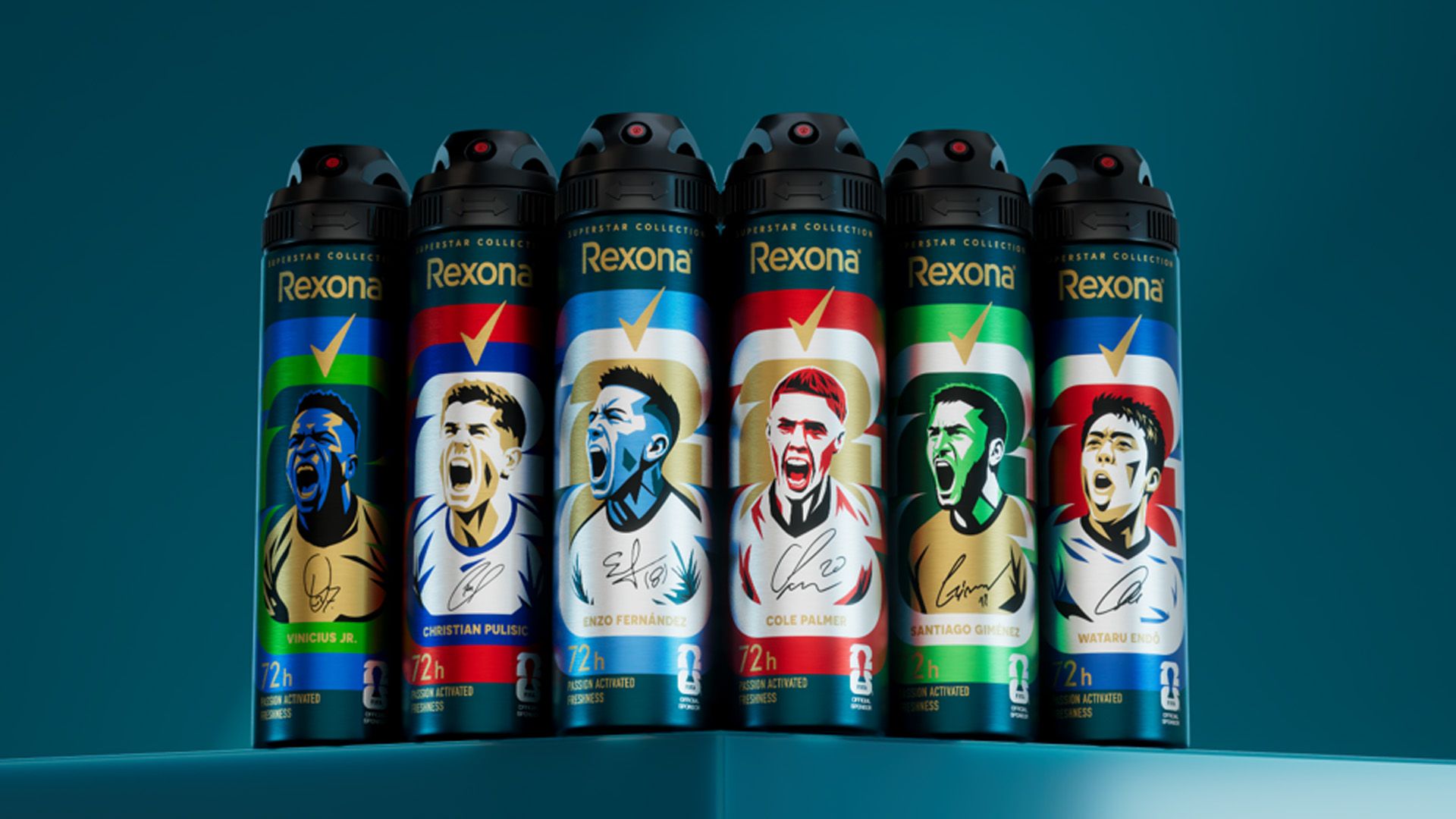 Linha de desodorantes em spray Rexona com duração de 72 horas. A Rexona é a patrocinadora oficial de desodorantes da Copa do Mundo da FIFA 2026.