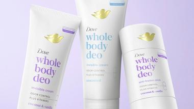 Uma foto de três desodorantes Dove para o corpo todo: um em creme, um em bastão e um em spray. A embalagem é branca com letras em tons pastel.