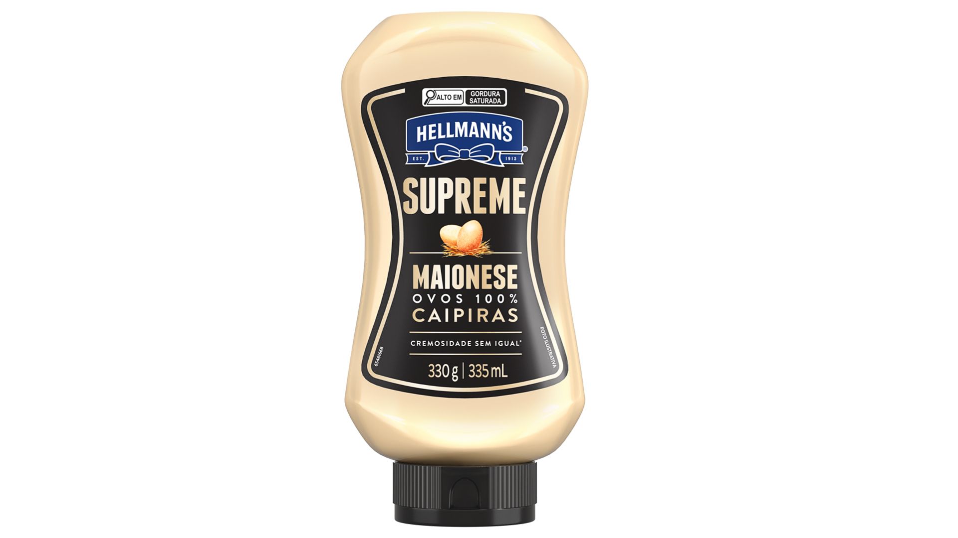 Frasco de maionese Hellmann's Supreme em embalagem squeeze preta e creme, 330 g/335 mL