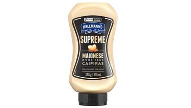 Frasco de maionese Hellmann's Supreme em embalagem squeeze preta e creme, 330 g/335 mL