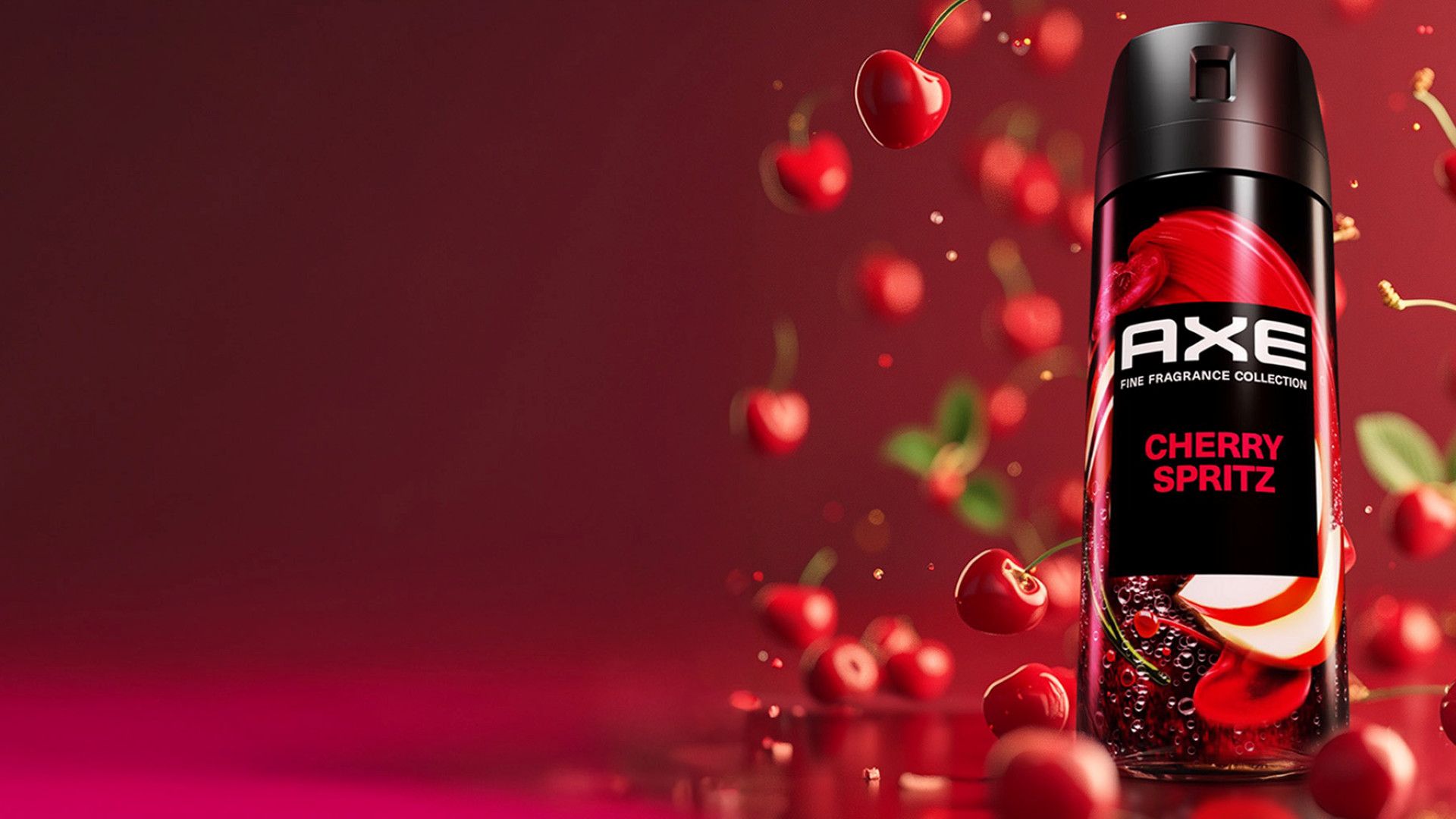 Cherry Spritz, um dos tipos mais recentes de fragrâncias. Um envase de desodorante está diante de um fundo vermelho com cerejas.