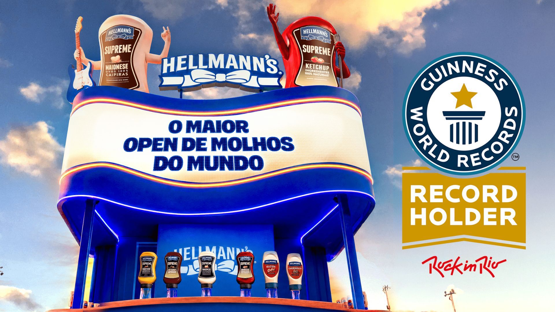 Stand Hellmman’s no Rock in Rio com as molheiras de ketchup e maionese Supreme e o logo do Guinness World Records ao lado.
