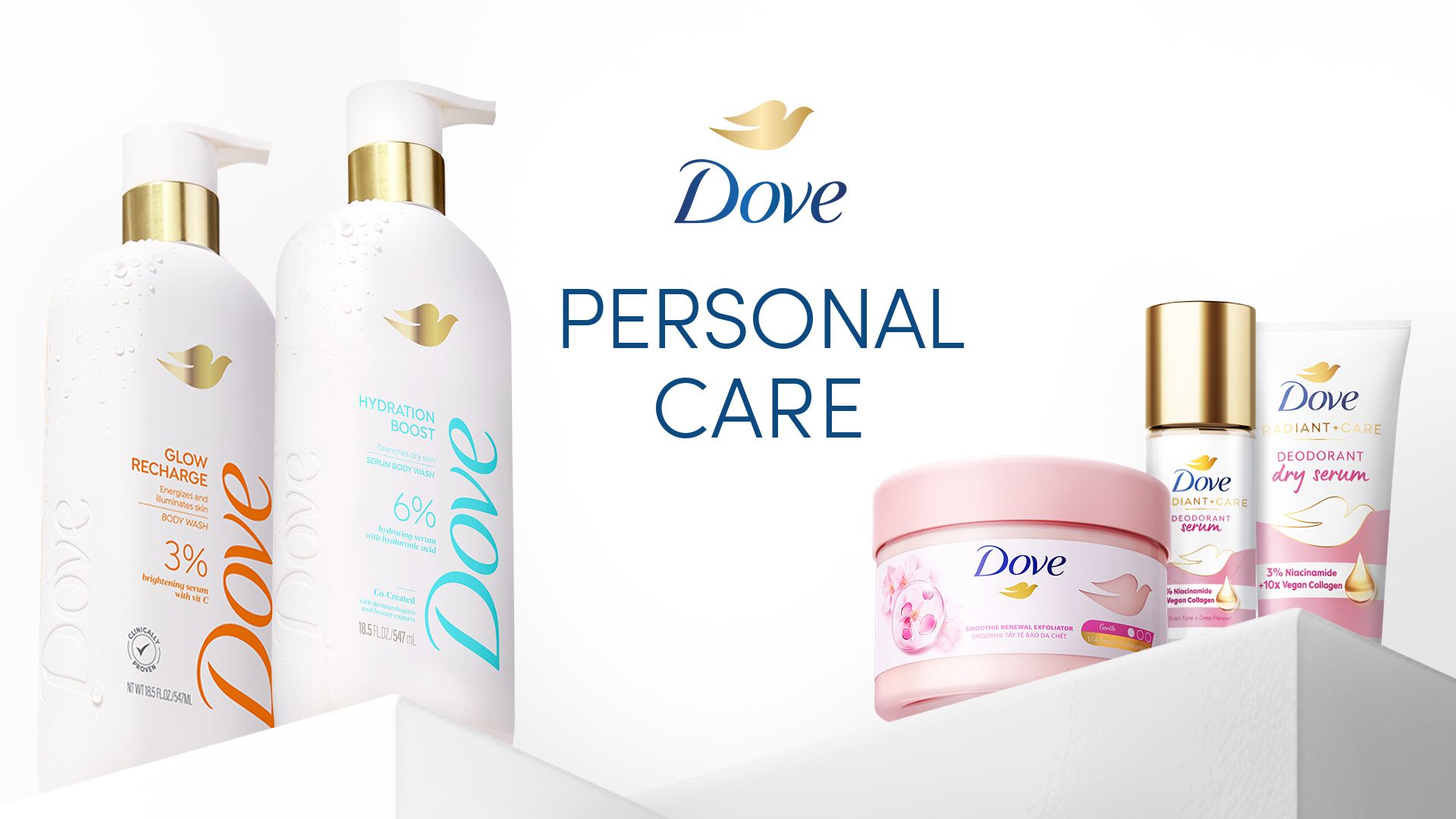 Banner com o texto Personal Care, acompanhado por frascos premium de sabonete líquido e produtos da linha sérum Dove.