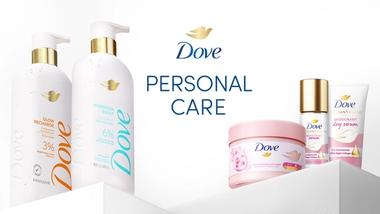 Banner com o texto Personal Care, acompanhado por frascos premium de sabonete líquido e produtos da linha sérum Dove.