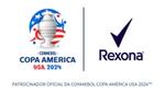 símbolo Copa America USA 2024 em branco e azul. do lado, o logo da marca Rexona em azul.