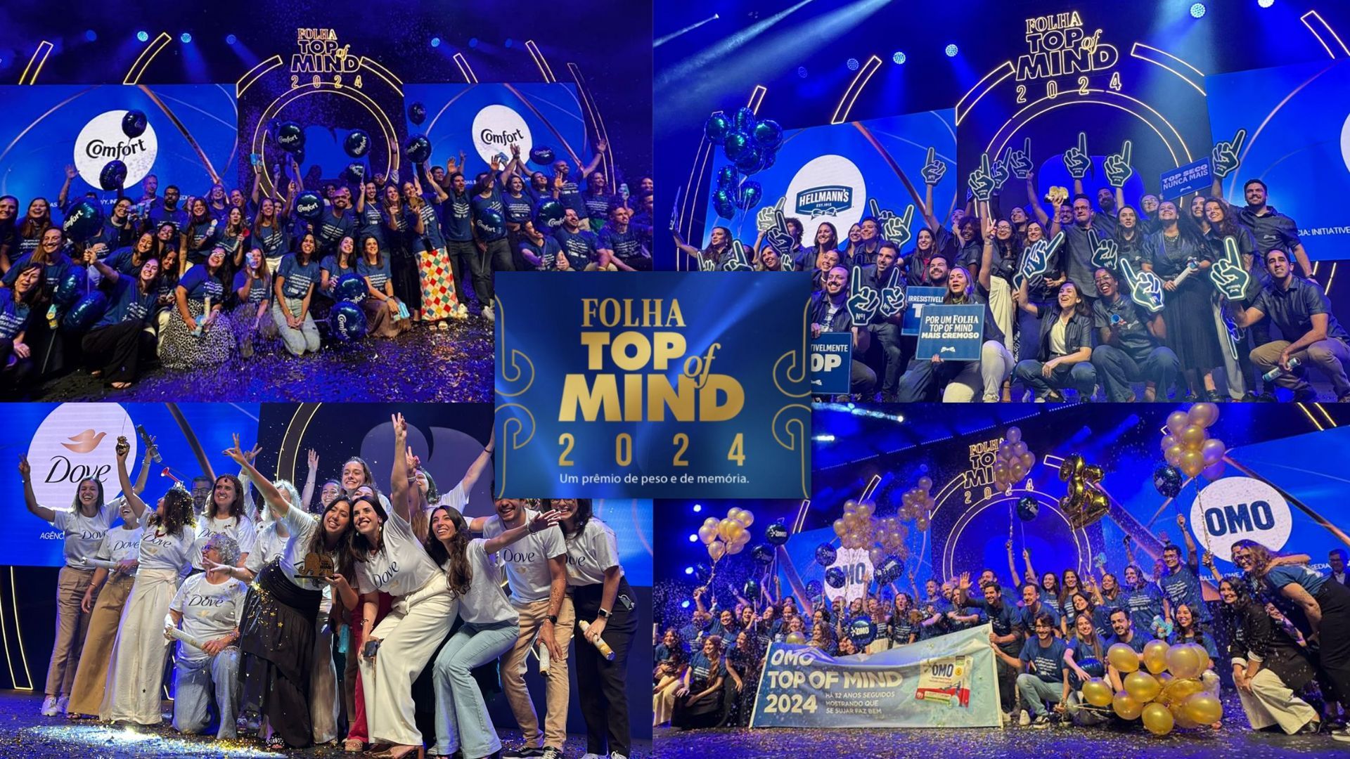 Os times das marcas OMO, Dove, Comfort e Hellmann’s estão no palco da premiação, comemorando o recebimento dos troféus.